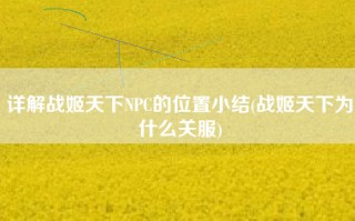 详解战姬天下NPC的位置小结(战姬天下为什么关服)